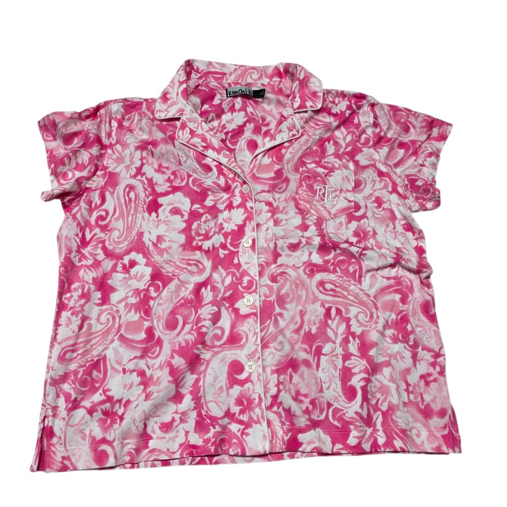 Lauren Ralph Lauren Pajama Top XL Pink Floral Paisley Button Up Short Sleeve